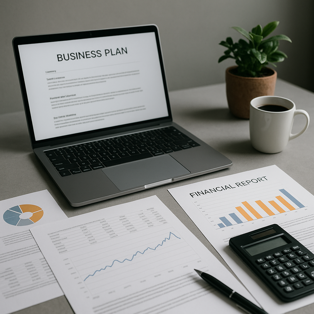 Business plan et rapport financier sur un bureau